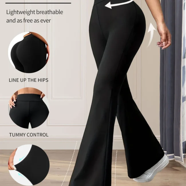 Pantalon évasé moulant taille haute pour femmes, pantalon noir long à jambes fines 1