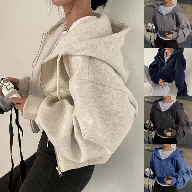 Sweat-shirt à capuche pour femmes, doublé polaire, polyvalent, court, Slim 1