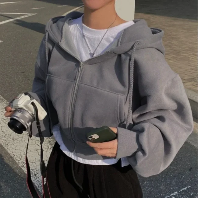 Sweat-shirt à capuche pour femmes, doublé polaire, polyvalent, court, Slim 2